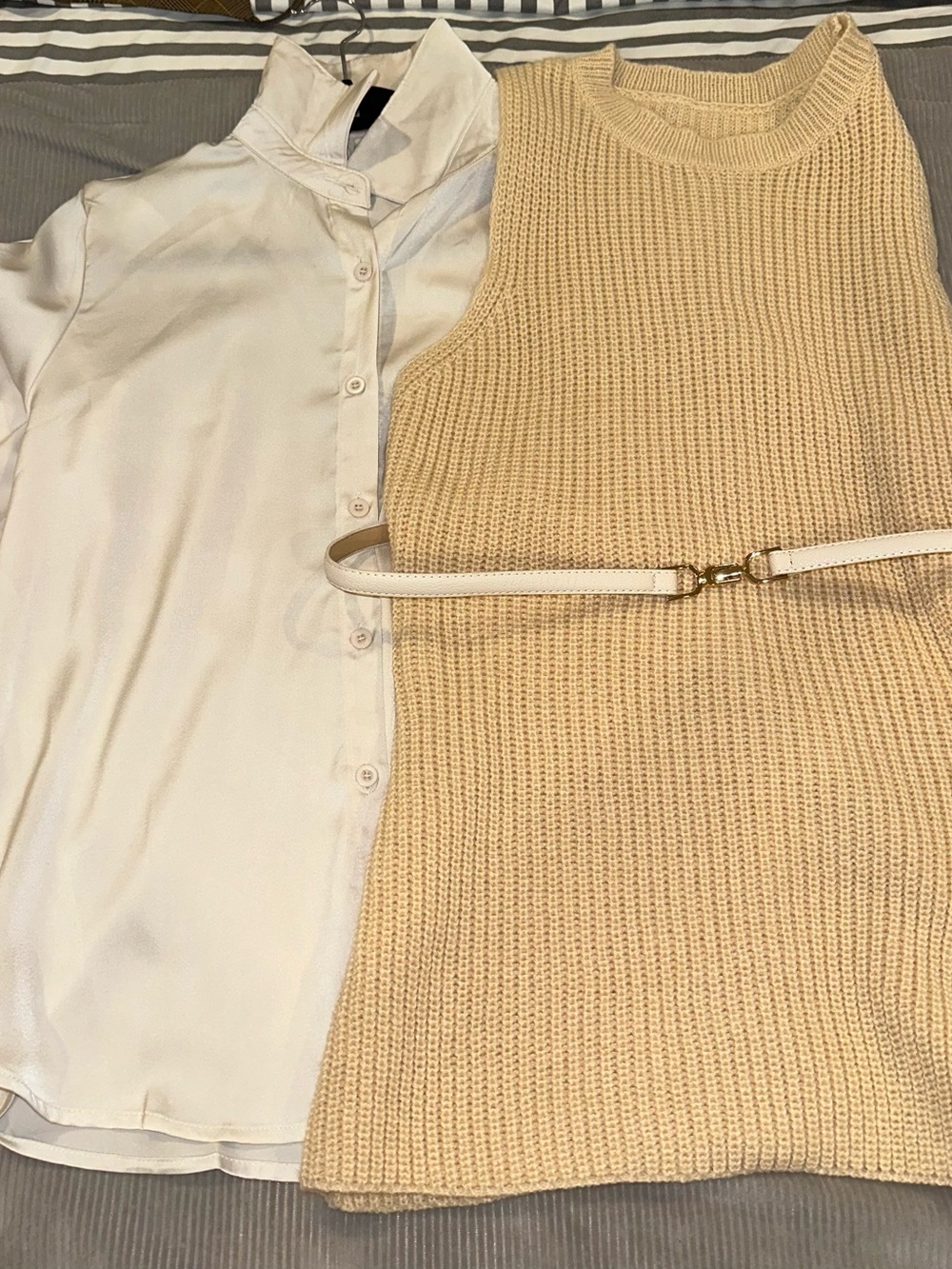 Cream Knit Sleeveless Sweater Vest with Cream Blouse